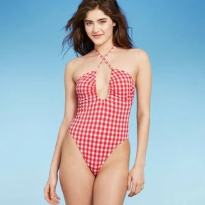 NWT Women's Keyhole Cross Front Halter Ultra High Leg Cheeky 1 Piece Swimsuit XS - Picture 1 of 6