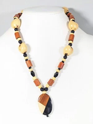 Tonos de Madera Marrón Nuez Negro Cuentas Estilo Tribal Colgante Ovalado Grueso Collar Foto 1 de 4