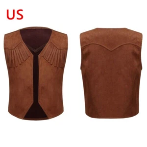 Kids Boys Western Cowboy Halloween Vest Pointed Hem Fringe V Open Front Tops - Picture 1 of 16
