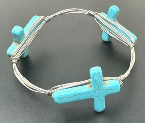 Bracelet Blue Turquoise Cross Bangle Religious Jewelry Acrylic, Silver Wire 2.5" - Picture 1 of 1