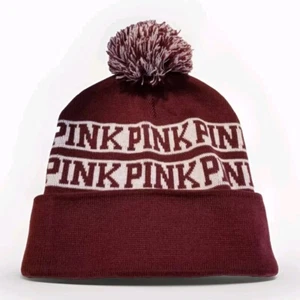 Pink Victoria Secret Beanie Wn’s Winter Hat Maroon Pink Logo Fringe Cap EUC - Picture 1 of 3
