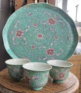 Antigua bandeja china familiar rosa Qing Guangxu turquesa 3 tazas de té, siglo XIX - Imagen 1 de 12