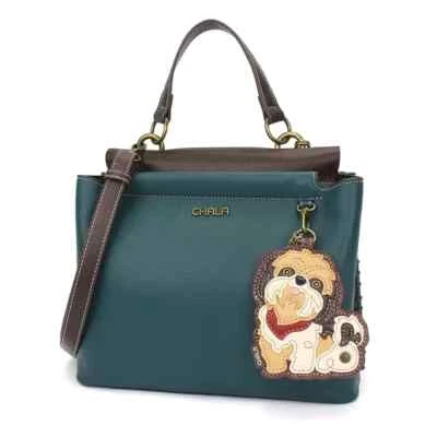 NEW Chala Satchel Crossbody Tote Bag Turquoise Blue Pleather BROWN SHIH TZU dog - Image 1 of 4