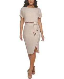 kensie Women's Shimmer Knit Blouson Faux-Wrap Dress, Champagne, Size -12 - Picture 1 of 1