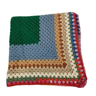 Manta de regazo vintage hecha a mano de ganchillo tiro afgano cuadrado multicolor Foto 1 de 4