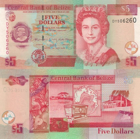 Belize 5 Dollars (01.05.2020) - QEII/Animals/Ruins/p-66h UNC Cover