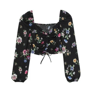 H&M Top Milkmaid XL Черный Урожай Цветочный Гофрированный Бохо Вестерн Инди Фестиваль Хиппи - Изображение 1 из 4