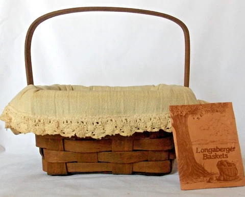 Longaberger 1985 Dark Brown Stain Square Berry Basket with linen liner Cover