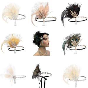Women Flapper Headband Feather 1920s Costume Rhinestone Headpiece Headdress - Picture 1 of 19