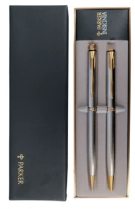 Parker Insignia Silver Plated & Gold Ballpoint Pen & Pencil Set Made In Usa - Picture 1 of 2