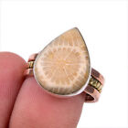 Natural Fossil Coral Gemstone 925 Solid Sterling Silver Two Tone Ring S.7.5 e577