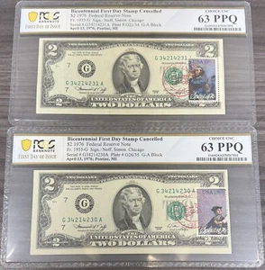 1976 $2 Two Dollar Bill - Stamped 4/13/1976 PCGS 63 PPQ FDOI 2 Consecutive SN V3 - Picture 1 of 1