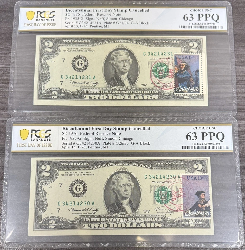 1976 $2 Two Dollar Bill - Stamped 4/13/1976 PCGS 63 PPQ FDOI 2 Consecutive SN V3 - Image 1 of 1