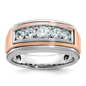14K Solid Two Tone Gold Mens 5 Stone Diamond Wedding Ring - Picture 1 of 28
