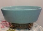 Vintage MCM Blue Aqua Ceramic Soap Vanity Dish Bowl With Metal Basket 6.5" USA