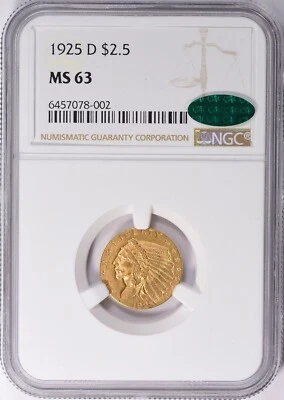 1925-D INDIAN HEAD $2.5 QUARTER EAGLE GOLD NGC MS63 CAC - Image 1 of 3