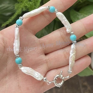 Unique Natural White Baroque Biwa Pearl Turquoise Round Beads Bracelets 7.5 inch - Picture 1 of 6