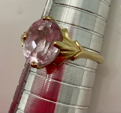 Великолепное кольцо из желтого золота 14 карат с овальным кунцитом винтажное кольцо с драгоценным камнем размер 10 - Изображение 1 из 4