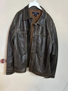 Vintage GAP Leather Jacket Mens Brown Distressed Y2K Biker Moto Zip Large - Picture 1 of 12