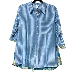 Intro Damengröße Medium blau weiß gestreift 3/4-Ärmel Knopfleiste Rollriegel SLV - Bild 1 von 12