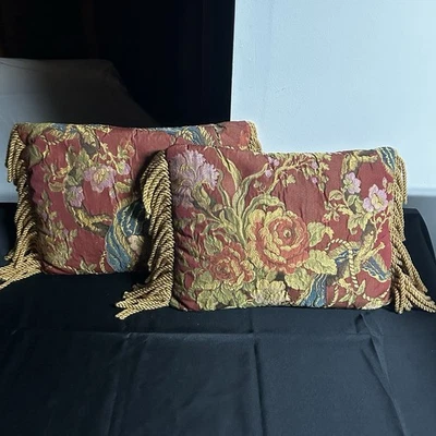 VTG Pair Red Throw Pillows Tapestry Woven Jacquard Floral Gold Braided Tassels - Image 1 of 4