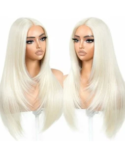 Platinblonde Perücke - HD Front Lace Echthaar Mischung Silber Weiß Glatt Seide - Bild 1 von 4