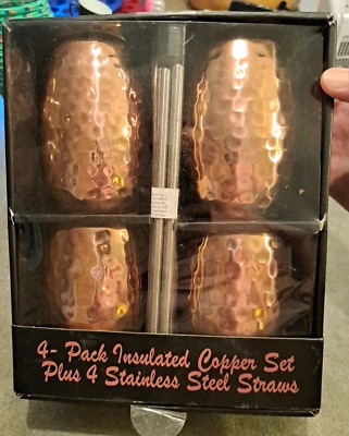 Juego de 4 tazas aisladas de acero inoxidable enchapadas en cobre de 16 oz en caja y pajitas mula Foto 1 de 4