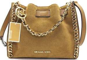 NUEVO CON ETIQUETAS MICHAEL KORS MINA Bandolera Pequeña Gamuza Cuero Cadena Tejida Ciervo Marrón Claro - Imagen 1 de 7