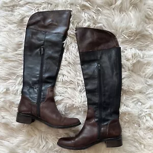 VINCE CAMUTO Brown Black Leather Zip Equestrian Tall Riding Boots Sz 7.5m - Picture 1 of 10