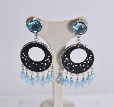 ORECCHINI ARGENTO 925 CREOLA GIADA NERA  E TOPAZIO AZZURRO PENDENTI AGHT 0851 - Immagine 1 di 3