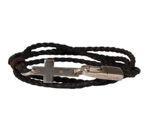 Tateossian London Silver Cross Rope Clasp Bracelet Brown Black Leather Braided - Picture 1 of 8
