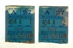 Pair of Vintage 1970 RINGLING BROTHERS CIRCUS Ticket Stubs MADISON SQUARE Garden - Imagen 1 de 2