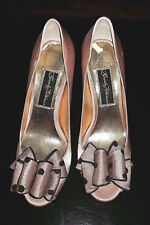 Beverly Feldman Women's High Heel Shoes Satin Beige with Bow and Black Doots