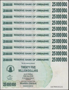 10 x Cheque portador de 25 millones de dólares de Zimbabue, 2008, P-56, certificado de autenticidad usado. - Imagen 1 de 2