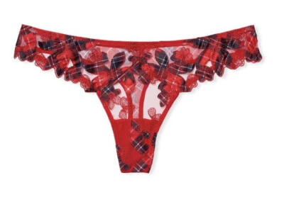 NWT Victoria's Secret Very Sexy Thong Panties Floral Embroidered Sz M Red Plaid - Image 1 of 3
