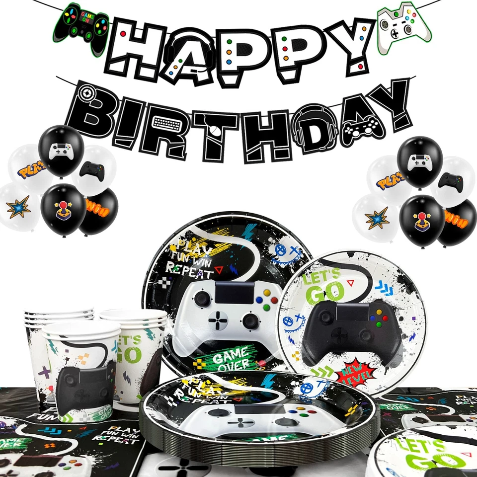 Globos vajilla cumpleaños jugador decoraciones fiesta videojuego blanco y negro Foto 1 de 4