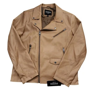 Guess Mens M FAUX Leather Motorcycle Biker Jacket Beige Brown $175 - Picture 1 of 7