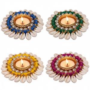 Store Indya Shell Tea Light Holders for Diwali Decor , Assorted Colors Set of 4 - Picture 1 of 9