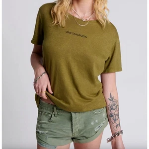 One Teaspoon NEW Linen Wide Neck Tee Worn Khaki Short Sleeve Casual Top Small - Picture 1 of 6
