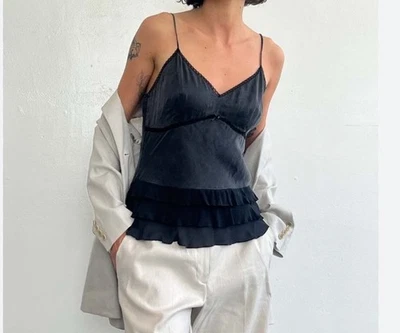 Hush Hush Y2K Vintage Camisole Top L Black Silk Ruffled Hem Whimsigoth - Image 1 of 4