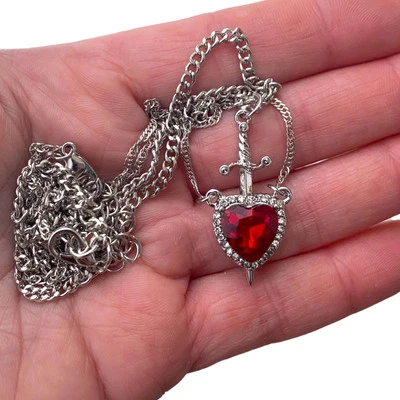 "Collar corazón espada plata y estrás rojo 20"" cadena pareja amor regalo joyería" Foto 1 de 4