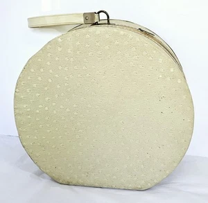 Vintage Vinyl Beige Round Hat Box Travel Case 11”x 11"x4.5” Tall, Zipper 1960s  - Picture 1 of 22