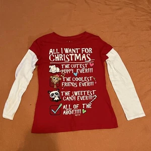 Justice Girls Red And White Long Sleeve Christmas T Shirt Size 10 - Picture 1 of 7