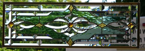 Stained Glass Transom window hanging  18 3/4 X 10 1/2 incl hooks,  Brass Frame Cover