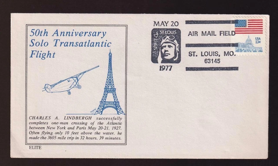 USA 1977 Lindbergh Solo TransAtlantic 50th event cover, Elite cachet, unadd - Image 1 of 1