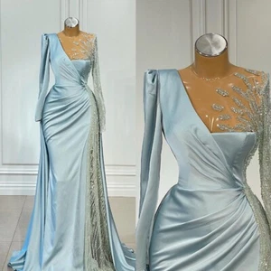 Light Blue Long Sleeves Wedding Dresses Satin Mermaid Lace Tulle Bridal Gowns - Picture 1 of 8