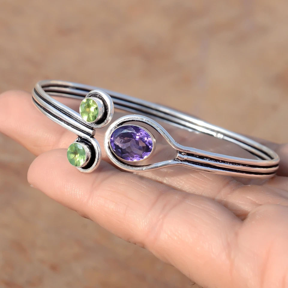 Faceted Amethyst & Peridot Cut Gemstone 925 Sterling Silver Bangle Cuff For Mom - Image 1 of 4
