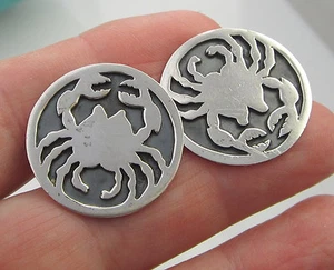 Estate Vintage Unique Sterling Silver Crab Zodiac MEXICO Shadow Box Cufflinks - Picture 1 of 5