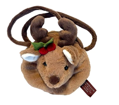 The Bearington Collection deer plush purse brown head holly trim Christmas - Image 1 of 4