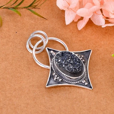 Colgante Genial Plata de Ley 925 Sólida Piedras Preciosas Drusy Ágata Titanio Negro V3420 Foto 1 de 4